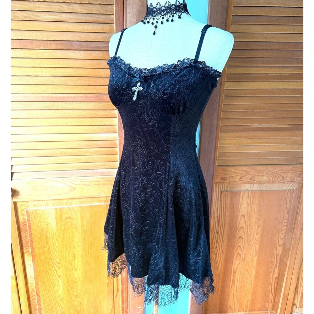 Gothic Lolita Victorian My Summer Woes Black Soft Jacquard Velvet Mini Dress M - Picture 7 of 11